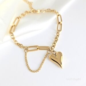 NEW 18K Gold Plated Asymmetric Paperclip Link Chain Heart Charm Bracelet